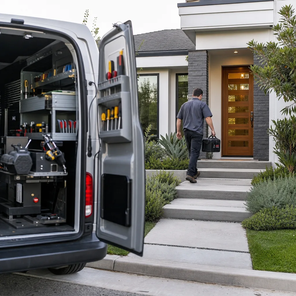 Professional locksmith carrying tools toward a modern residential entry door