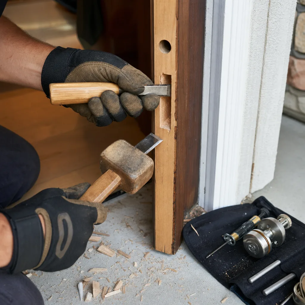 Locksmith using a chisel to carve a door frame for installation